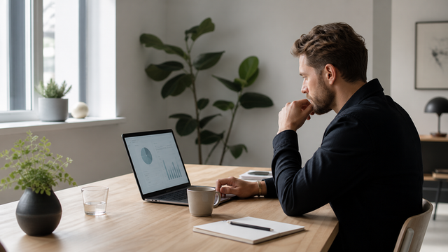 Small business owner reviewing a digital dashboard in a calm Nordic workspace