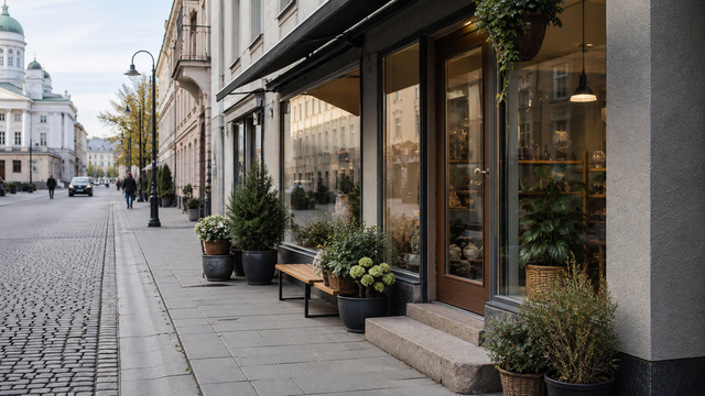 Helsinki local business storefront on a Nordic city street for a Google Business Profile setup checklist.