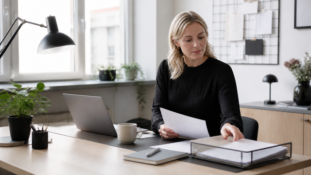Small business owner organizing administrative work in a calm Nordic office workspace.